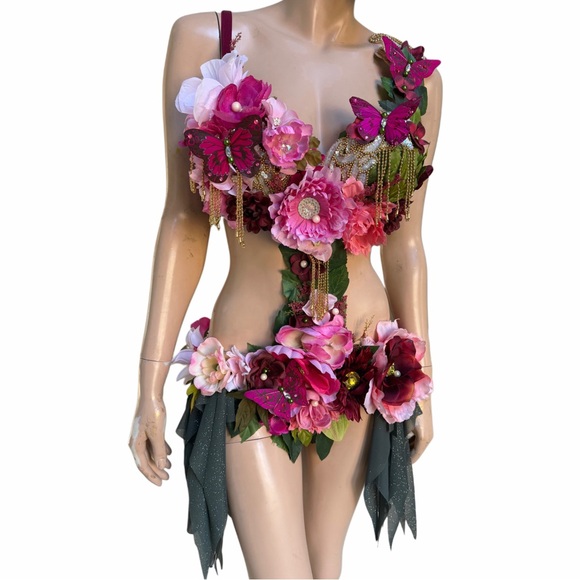 Floral Pink Burgundy Spring Fairy monokini dress cosplay costume - Picture 5 of 5